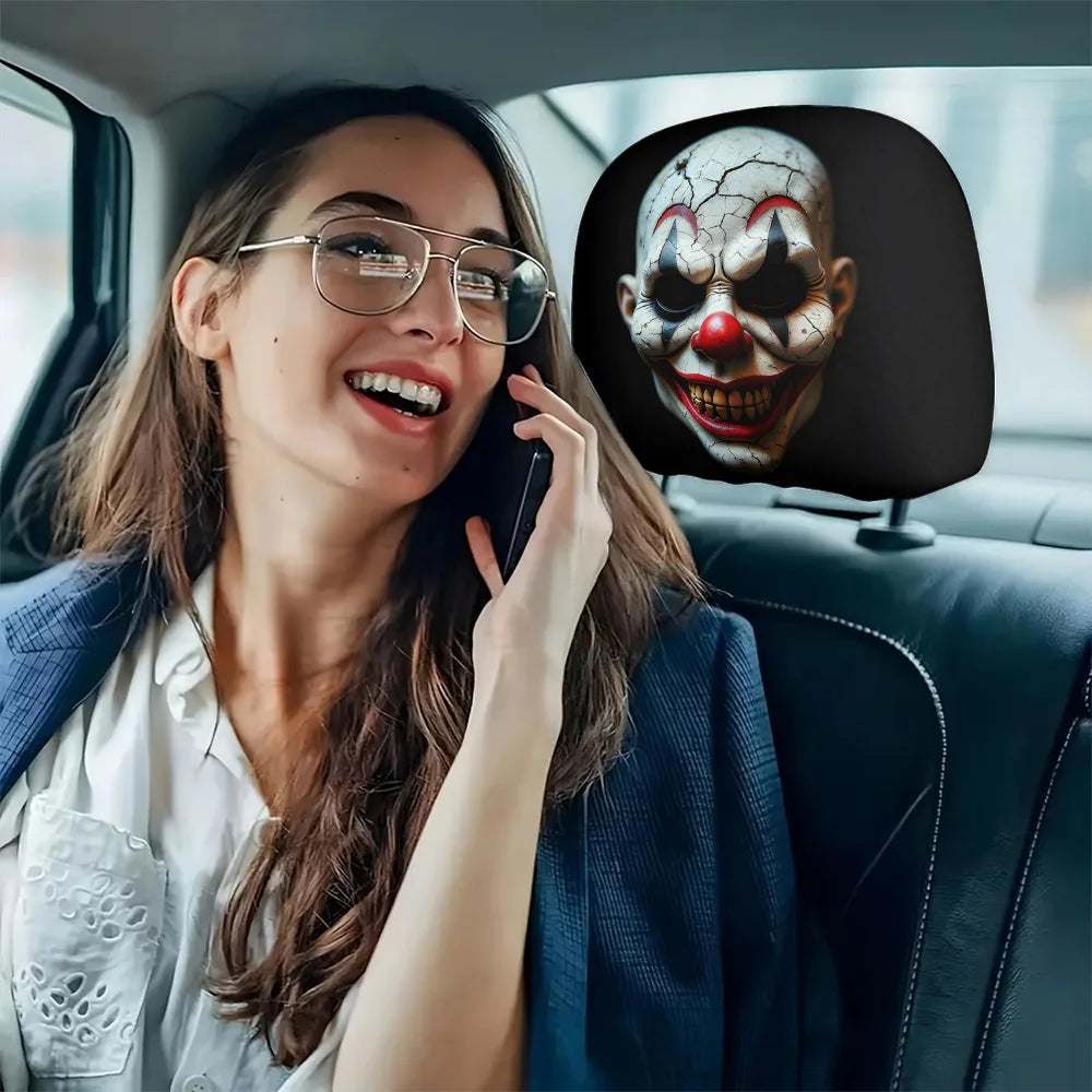 2pcs Clown Print Car headrest cover featuring a cracked white clown face with red details and dark eye makeup