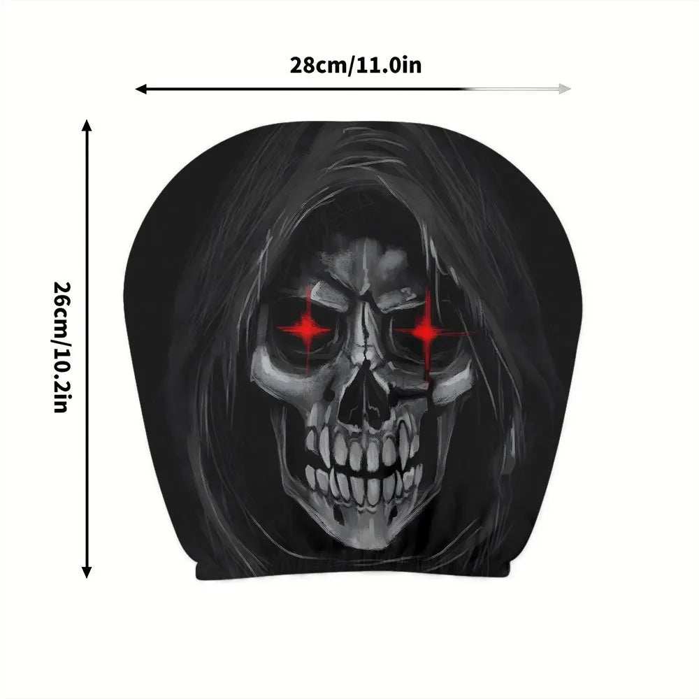 2Pcs Death Skull car headrest cover in black polyester, printed with a gray skull, flowing dark hair and red glowing eyes