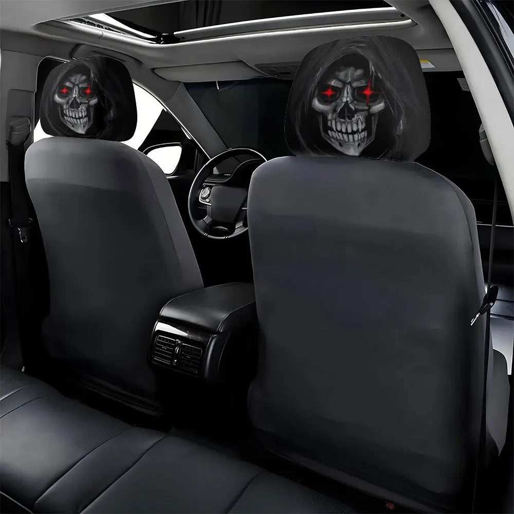 2Pcs Death Skull car headrest covers in black polyester, printed with gray skulls and glowing red eyes