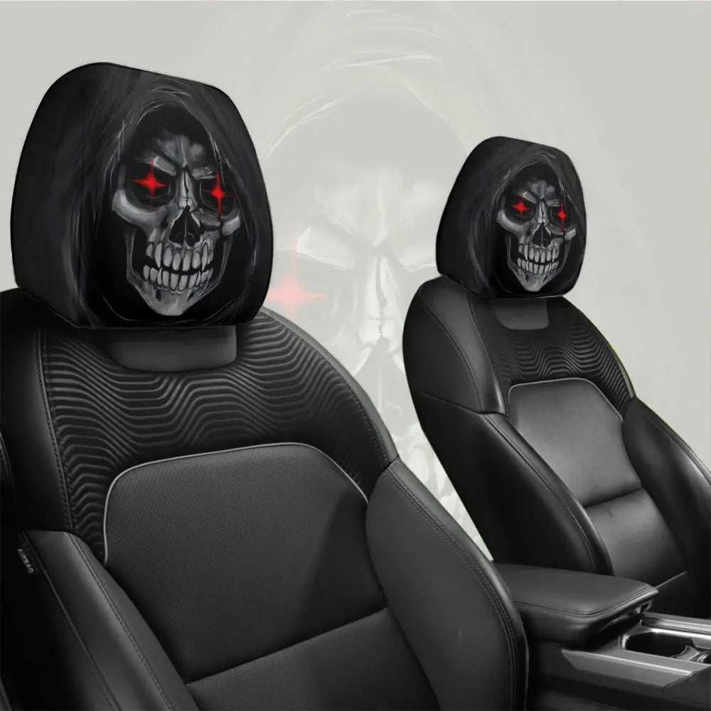 2Pcs Death Skull black polyester car headrest covers featuring white skull prints with glowing red eyes fitted on seat headrests