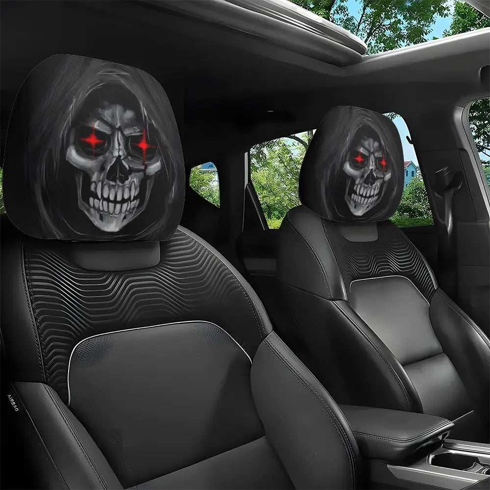 2Pcs Death Skull black car headrest covers featuring white skulls with glowing red eyes on stretch fabric