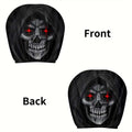 2Pcs Death Skull car headrest covers in black polyester, printed with hooded gray skulls and glowing red eyes on front and back.