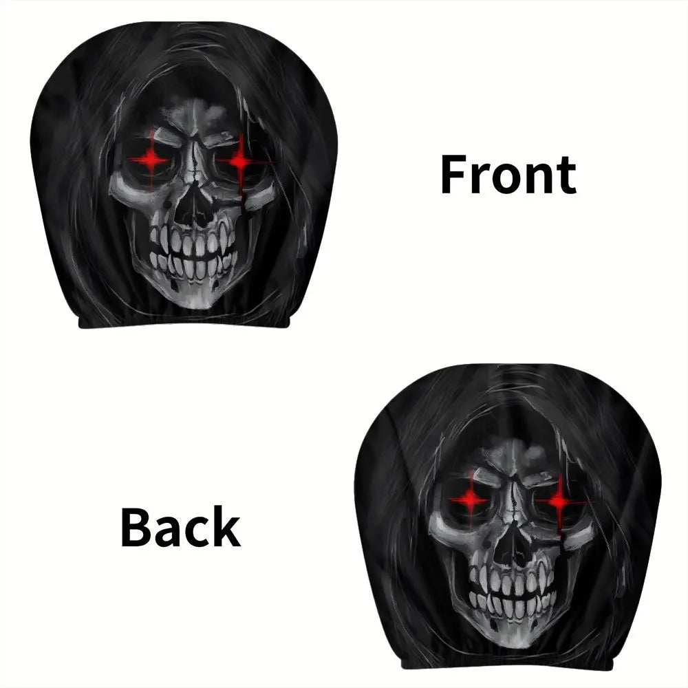 2Pcs Death Skull car headrest covers in black polyester, printed with hooded gray skulls and glowing red eyes on front and back.