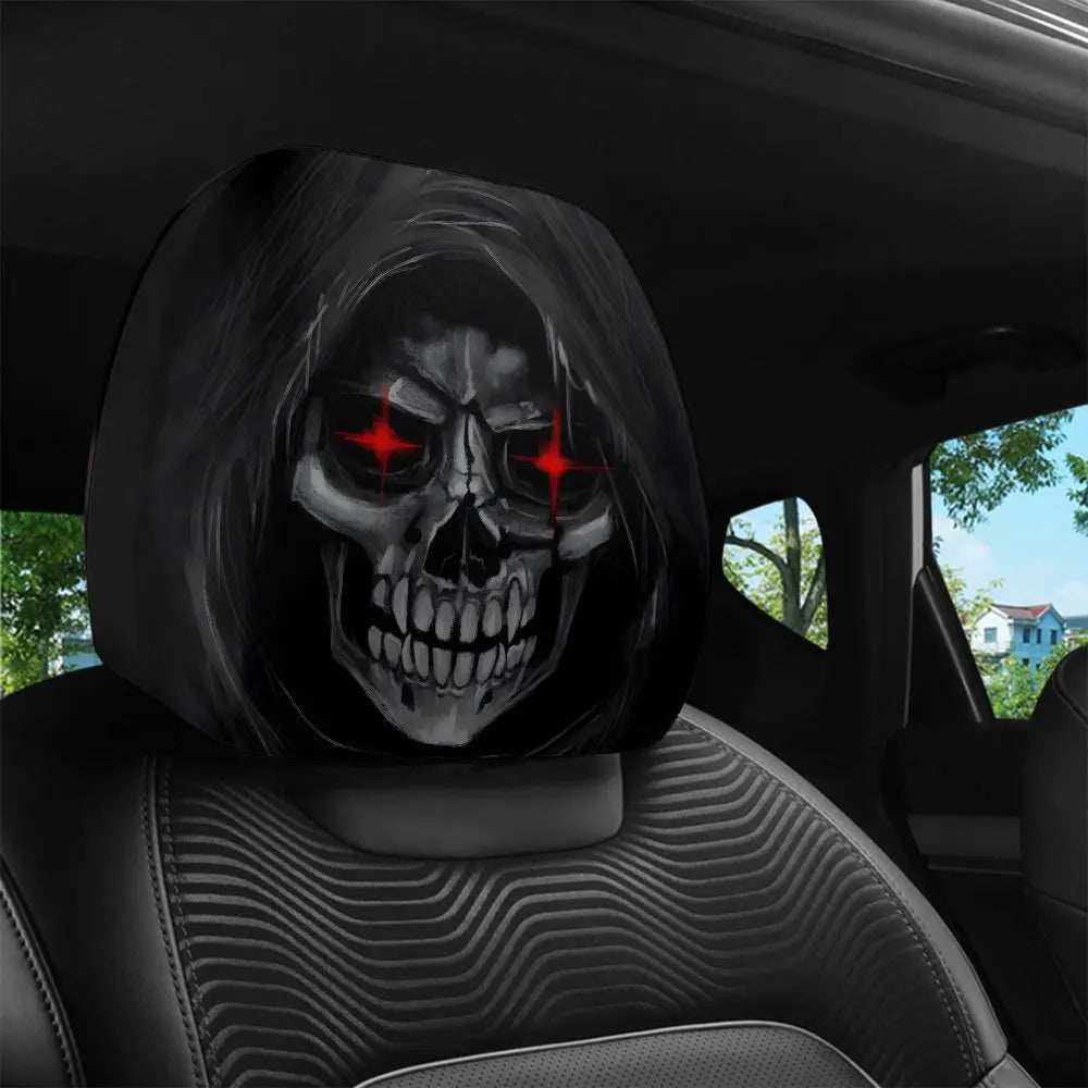 2Pcs Death Skull car headrest cover in black polyester with a hooded skull print and vivid red star-shaped eyes