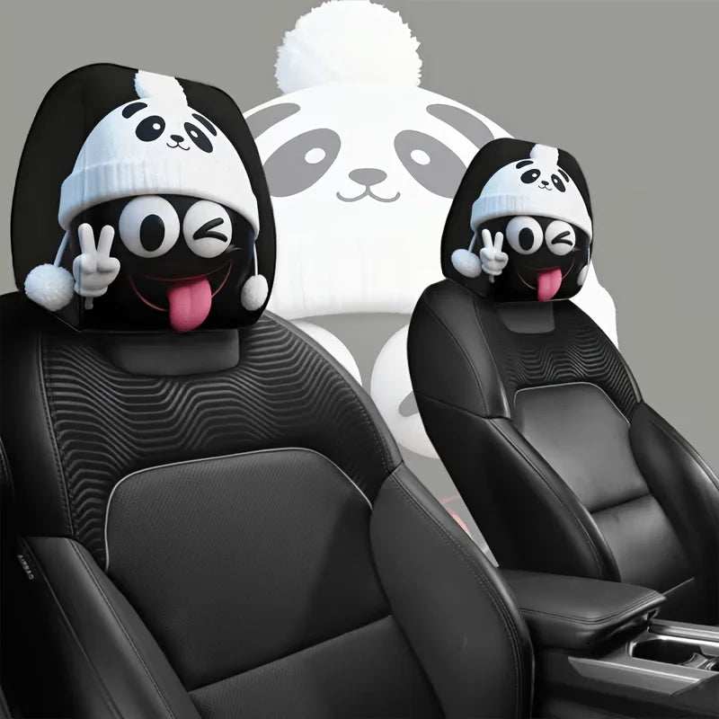 2Pcs Funny Cartoon Panda‑Hat Print car headrest covers in black with white panda hats, playful winking faces and pink tongues