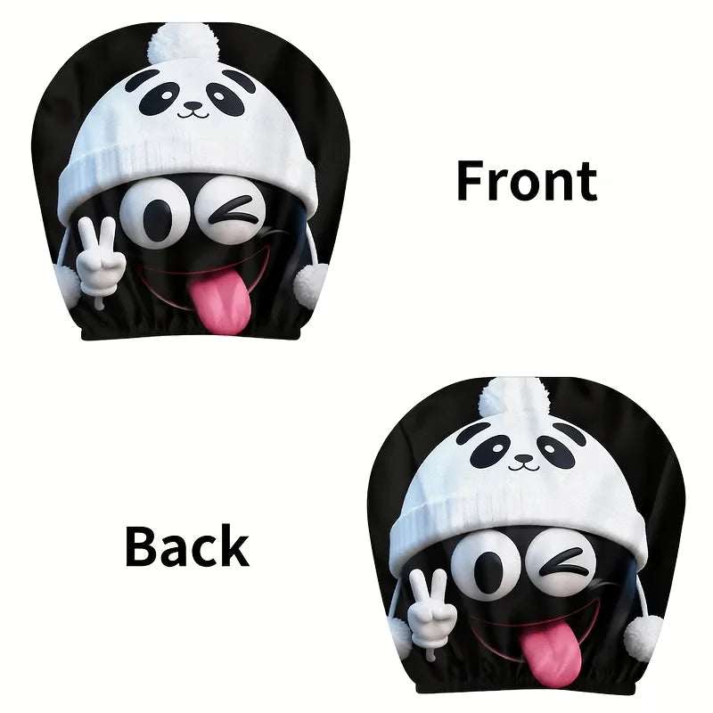 2Pcs Funny Cartoon Panda‑Hat Print polyester car headrest covers, black with a white panda hat and playful winking face