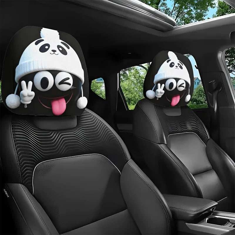 2Pcs Funny Cartoon Panda‑Hat Print headrest covers in black and white, with playful panda faces, pink tongues and peace signs
