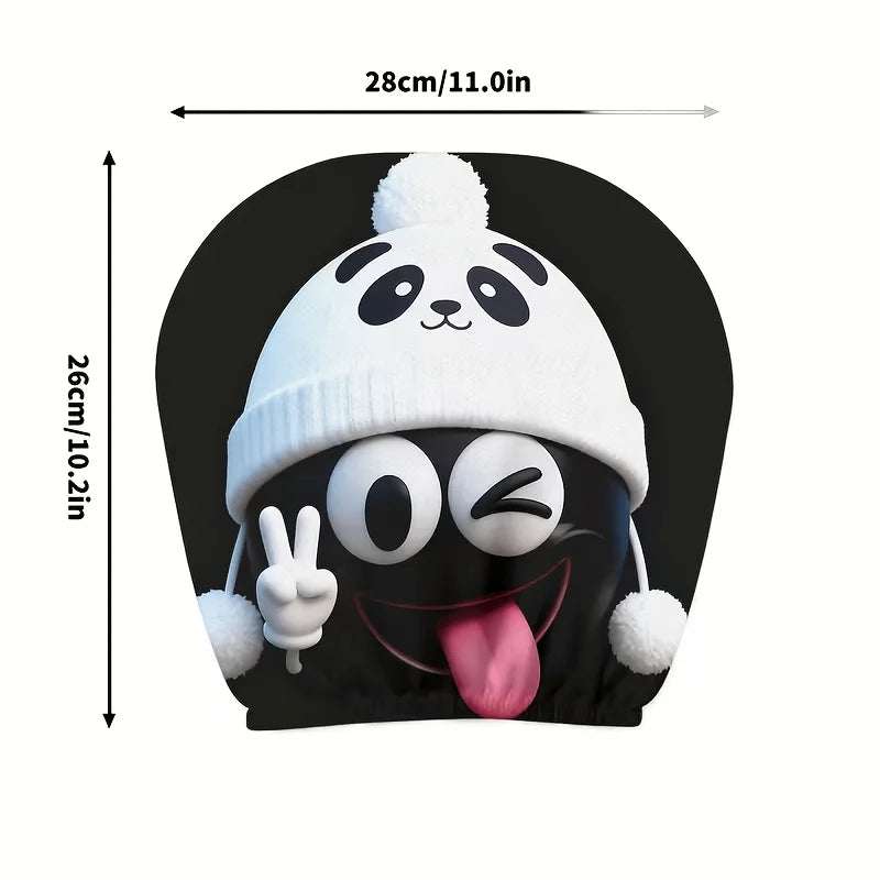 2Pcs Funny Cartoon Panda‑Hat Print car headrest cover in black, with a playful winking face wearing a white panda hat