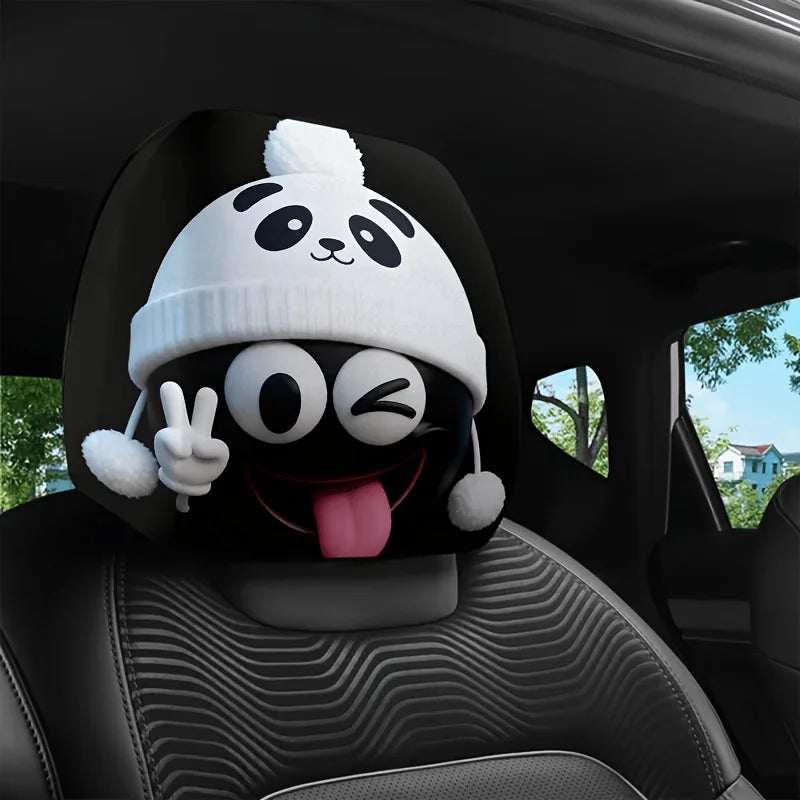 2Pcs Funny Cartoon Panda‑Hat Print car headrest cover featuring a white panda beanie and playful black face