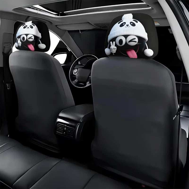 2Pcs Funny Cartoon Panda‑Hat Print car headrest covers in black and white, with playful winking panda faces and pink tongues
