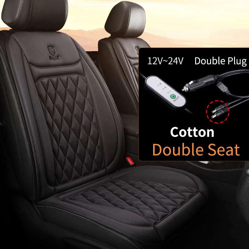 2PCS Heated Car Seat Cover in black cotton with diamond-quilted panels, fitted across two car seats with a double plug