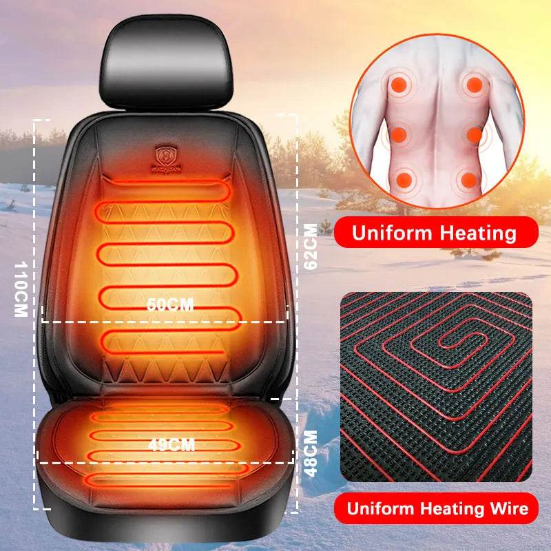 2PCS Heated Car Seat Cover in black with a smooth padded surface and glowing red heating lines across the back and seat