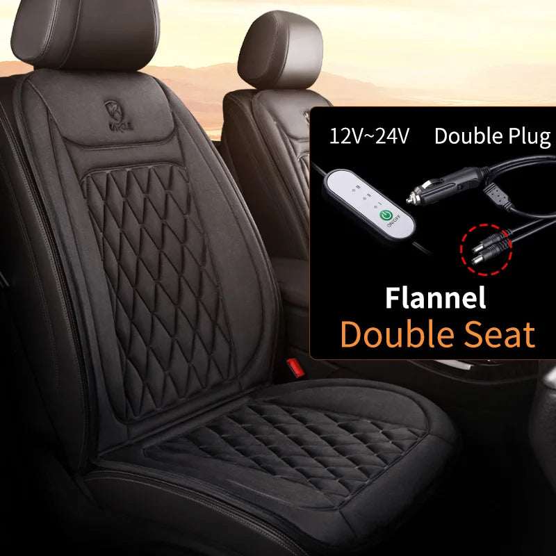 2PCS Heated Car Seat Cover in black quilted flannel with diamond stitching, shown fitted to two car seats