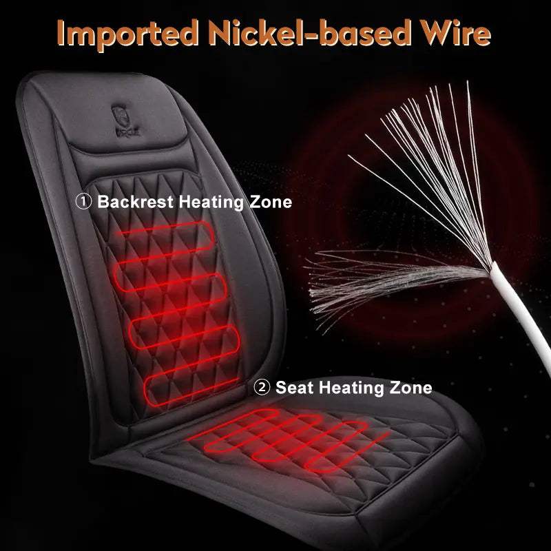 2PCS Heated Car Seat Cover shown as a black quilted car cushion with red heating zones in the backrest and seat