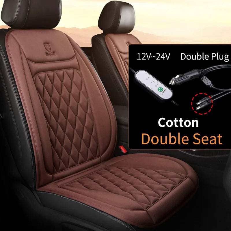 2PCS Heated Car Seat Cover in brown cotton with diamond quilting, padded panels and dual-seat 12–24V plug