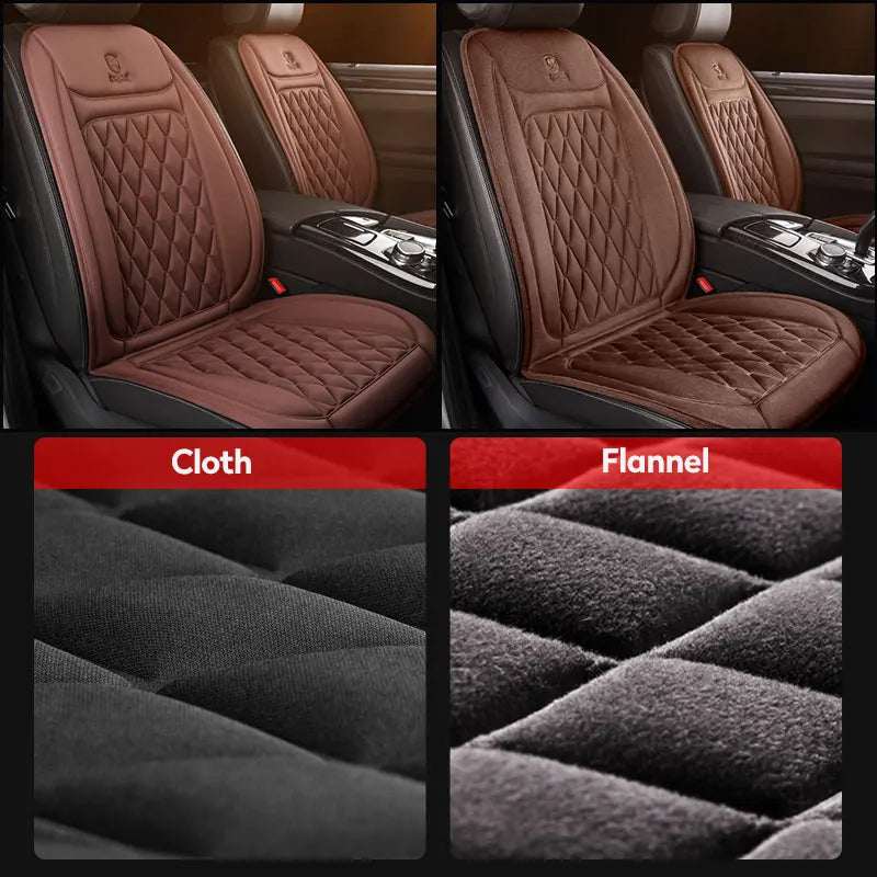 2PCS Heated Car Seat Cover in brown quilted upholstery, with contrasting cloth and plush flannel fabric textures