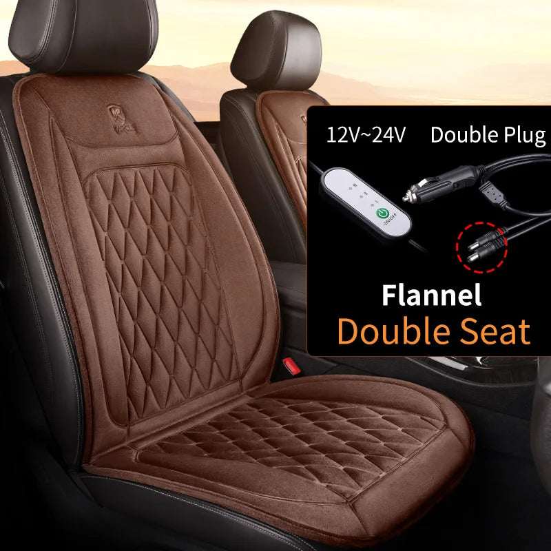 2PCS Heated Car Seat Cover in brown quilted flannel with diamond stitching, fitted over front car seats with a dual plug