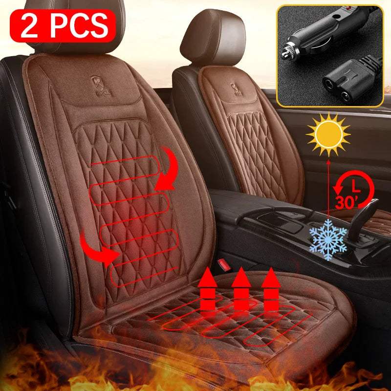 2PCS Heated Car Seat Cover set in brown quilted fabric, with red heating graphics and a 12V car plug.