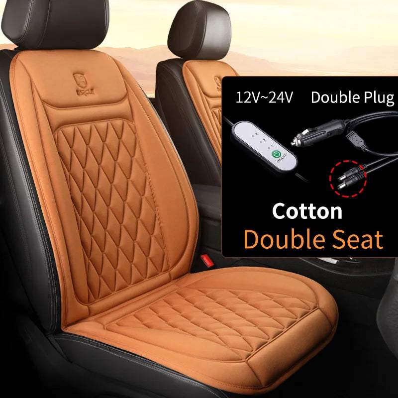 2PCS Heated Car Seat Cover in tan quilted cotton with black side panels, padded cushions and matching headrests