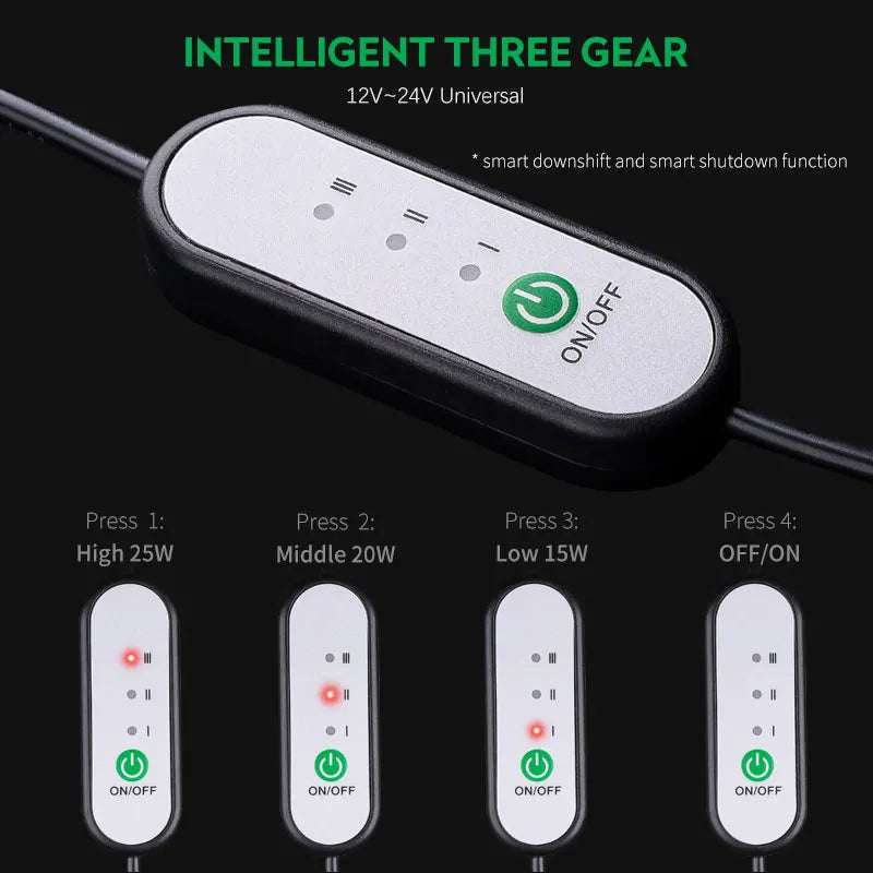 2PCS Heated Car Seat Cover controller with a white panel, black casing, green power button and three heat settings