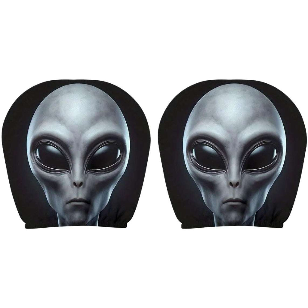 2Pcs Horror Design Car Headrest Covers in black polyester, each featuring a large silver-gray alien face with dark eyes.
