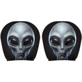 2Pcs Horror Design Car Headrest Covers in black polyester, each featuring a large silver-gray alien face with dark eyes.