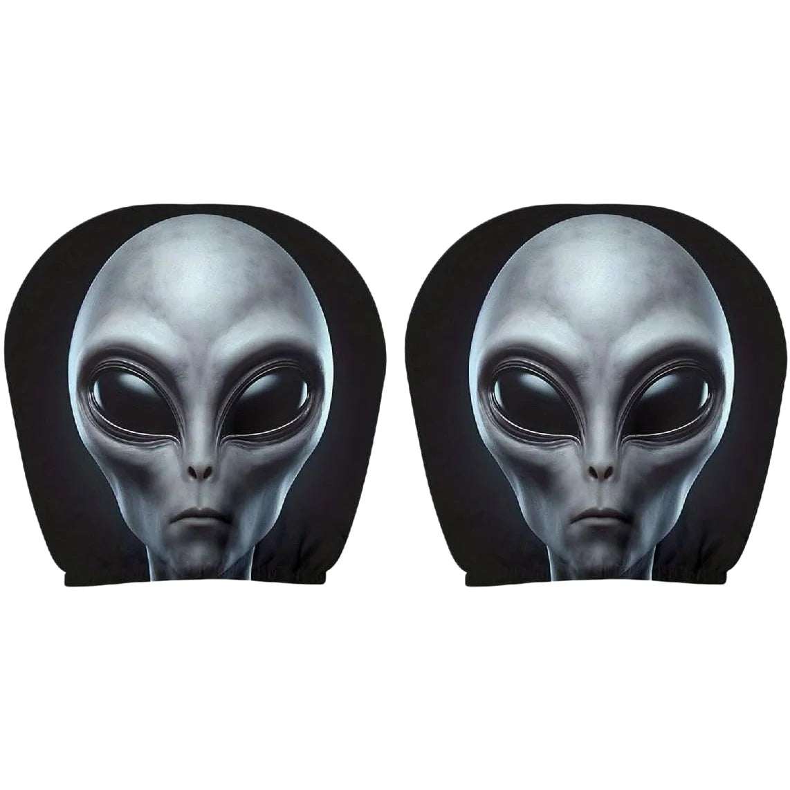 2Pcs Horror Design Car Headrest Covers in black polyester, each featuring a large silver-gray alien face with dark eyes.