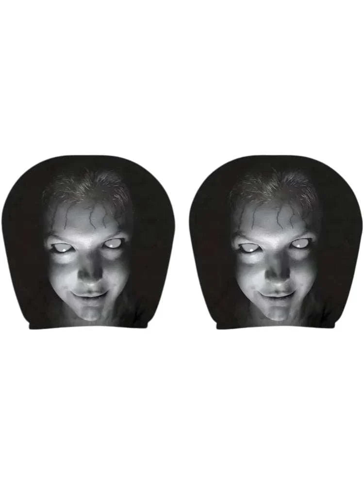 2Pcs Horror Design Car Headrest Covers in black fabric, each printed with a grayscale creepy face and pale eyes