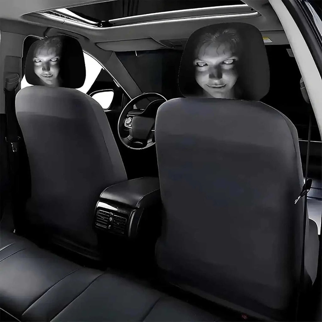 2Pcs Horror Design Car Headrest Covers in black with eerie grayscale faces printed on the headrest area