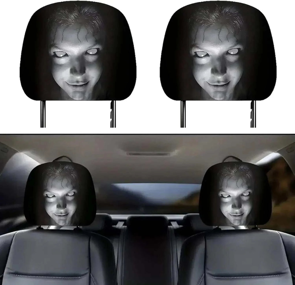 2Pcs Horror Design Car Headrest Covers in black with matching grayscale ghostly face prints and elastic fit