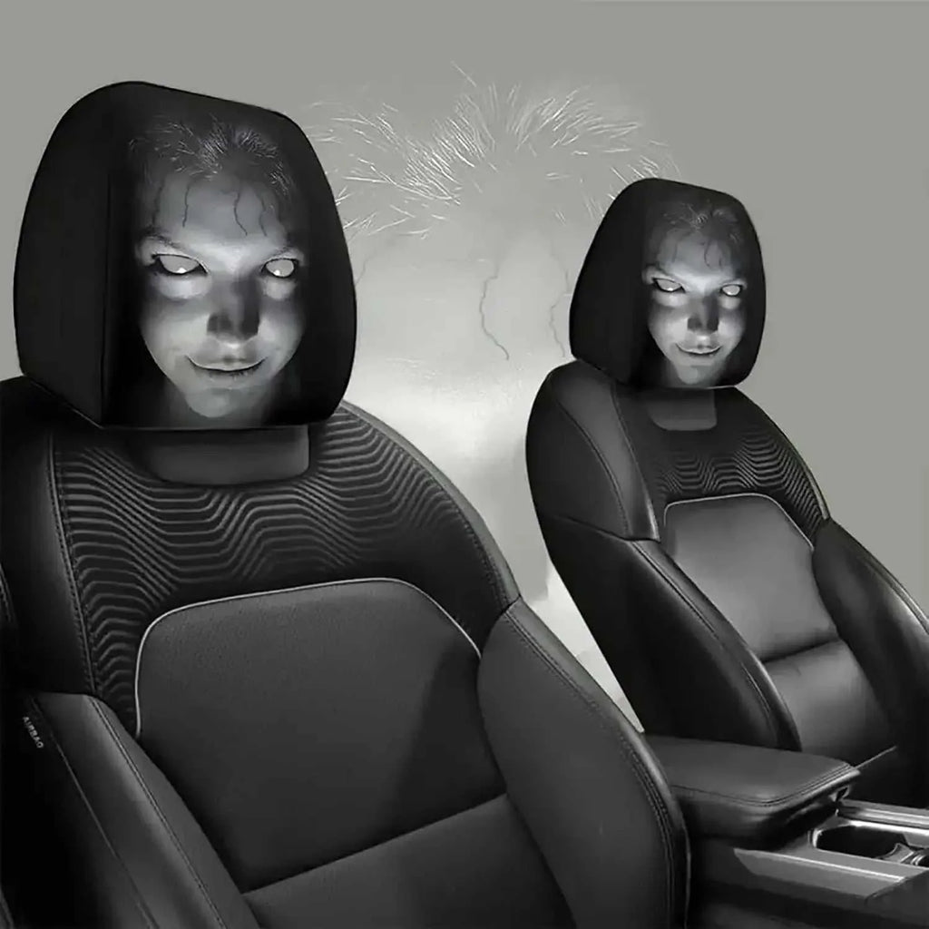 2Pcs Horror Design Car Headrest Covers in black, featuring eerie gray faces with pale eyes printed on the fabric