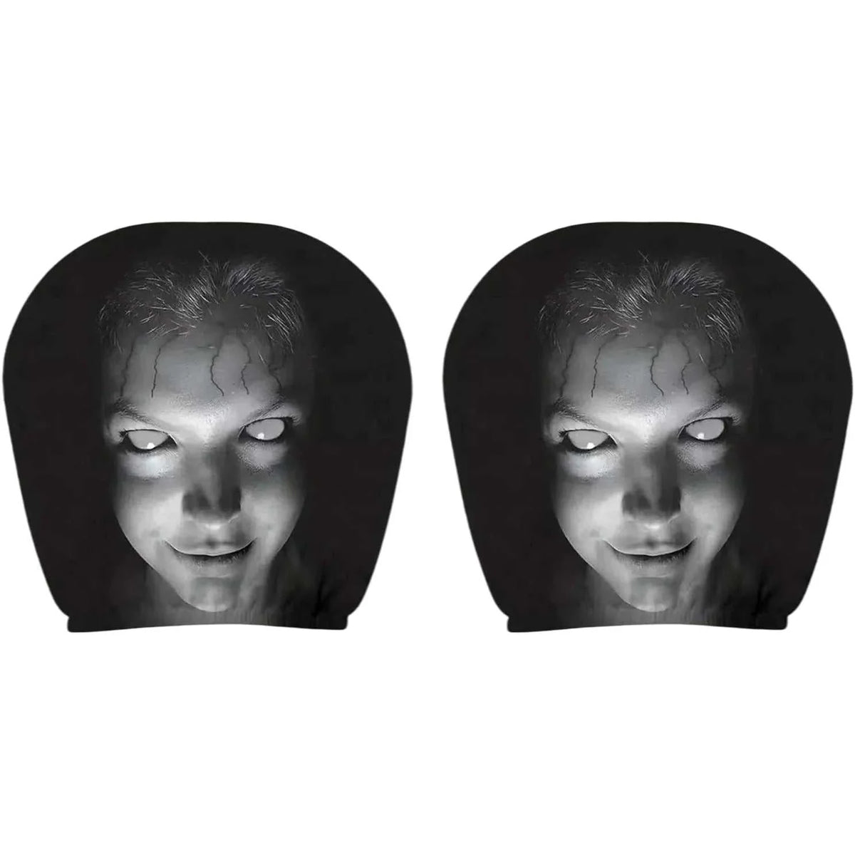 2Pcs Horror Design Car Headrest Covers in black polyester, each printed with a grayscale horror face and white eyes