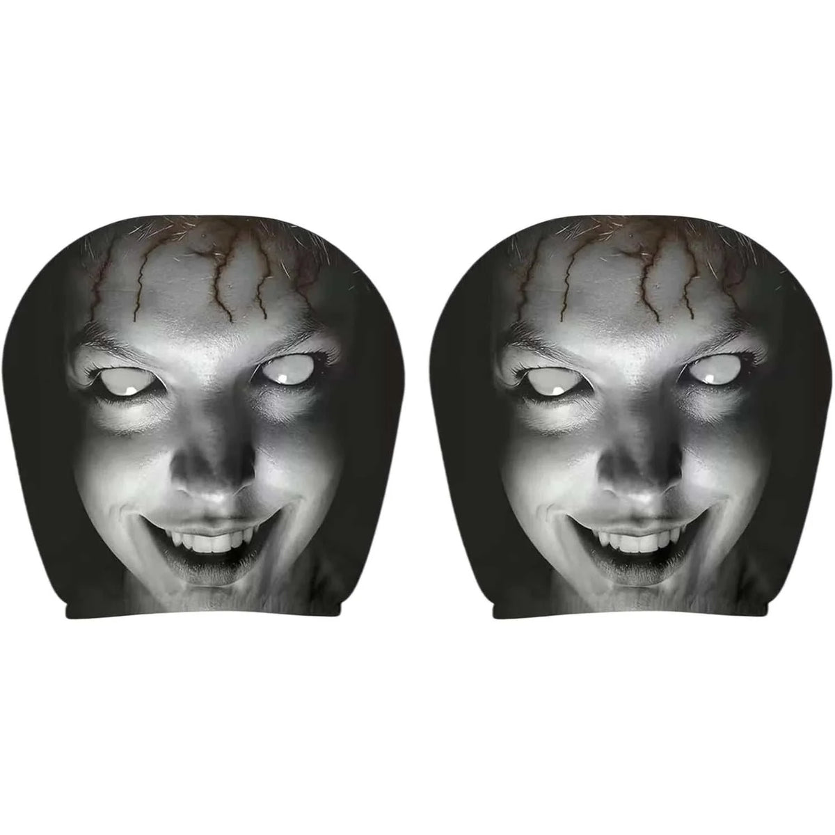 2Pcs Horror Design Car Headrest Covers in black with a grayscale horror face print, blank white eyes and cracked forehead