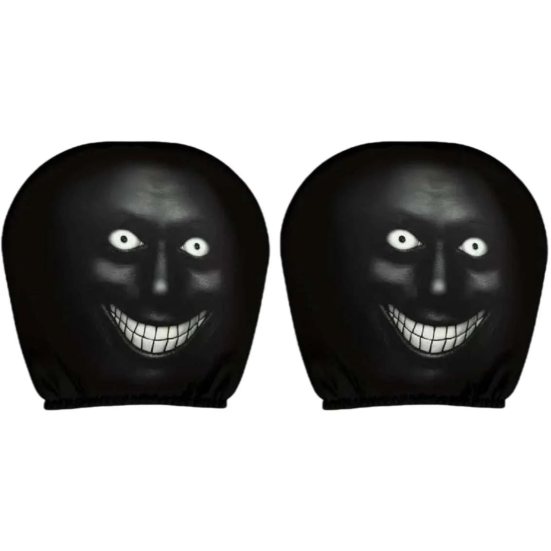 2Pcs Horror Design Car Headrest Covers in black fabric, printed with eerie white eyes and a wide toothy grin