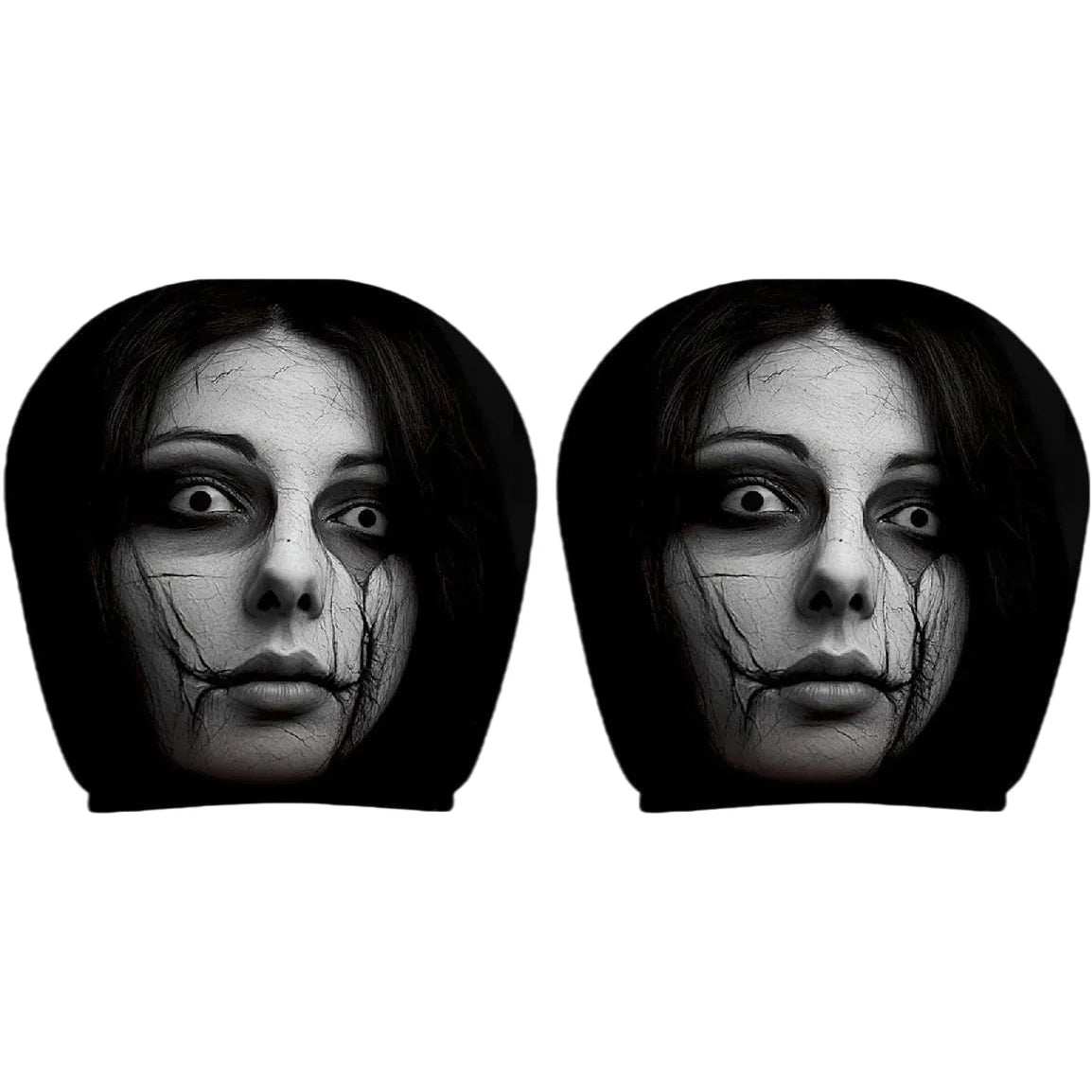 2Pcs Horror Design Car Headrest Covers in black polyester, printed with matching grayscale horror faces and dark hair.