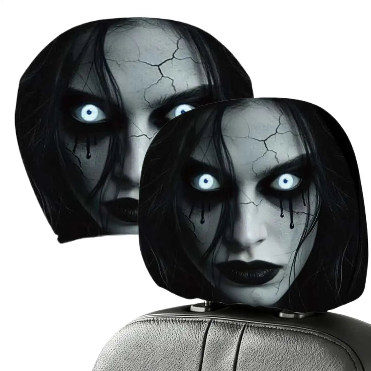 2pcs Scary Headrest Cover in black and gray polyester, printed with pale cracked faces, glowing eyes and dark hair