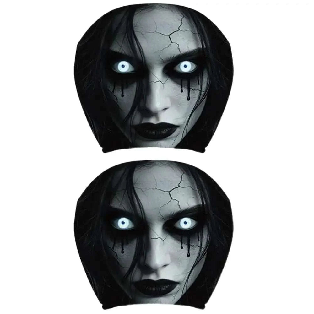 2pcs Scary Headrest Cover in black and grey polyester, each printed with a cracked, pale face, dark hair and glowing eyes