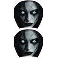 2pcs Scary Headrest Cover in black and grey polyester, each printed with a cracked, pale face, dark hair and glowing eyes