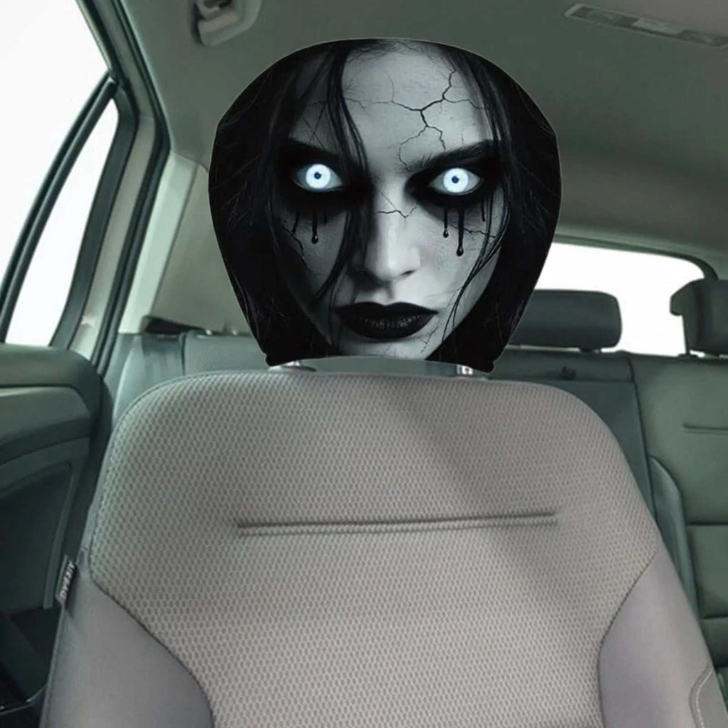 2pcs Scary Headrest Cover in black and white polyester, featuring a cracked ghostly face with dark hair and glowing eyes