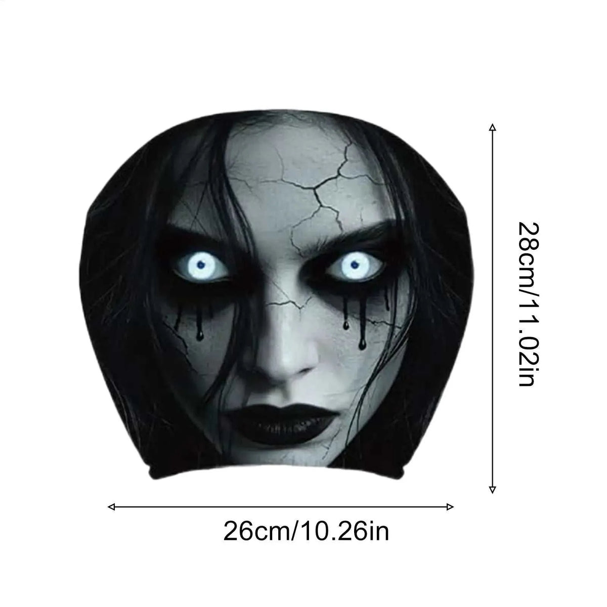 2pcs Scary Headrest Cover with a printed pale cracked face, glowing blue eyes, black tears, dark hair and lips