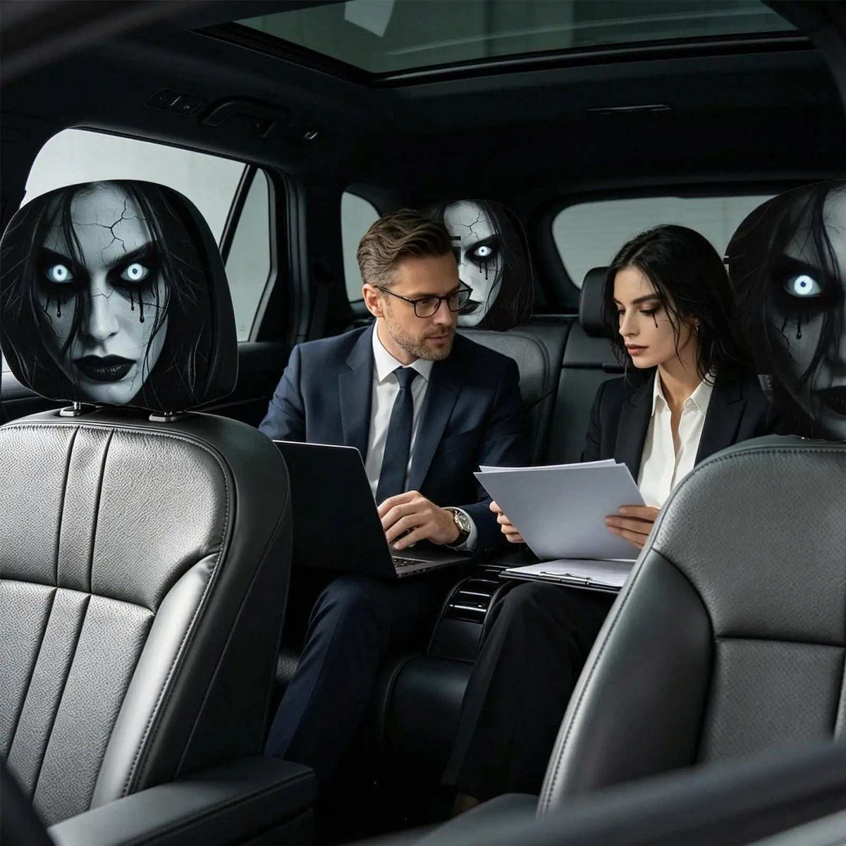 2pcs Scary Headrest Cover featuring black-and-white ghost faces with pale skin, dark eyes and cracked patterns