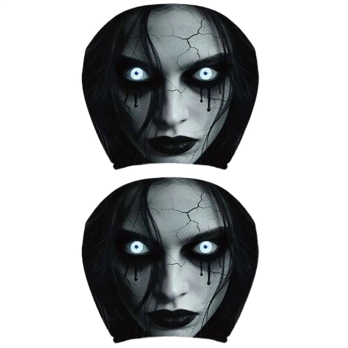 2pcs Scary Headrest Cover featuring a pair of polyester covers printed with a pale cracked face, dark hair and glowing eyes