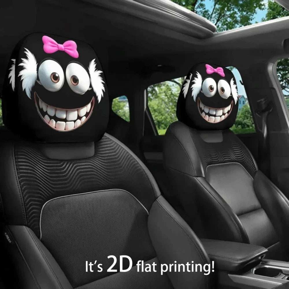 2Pcs Universal Car Seat Cover in black with cartoon grinning faces, large eyes, white fur accents and pink bows