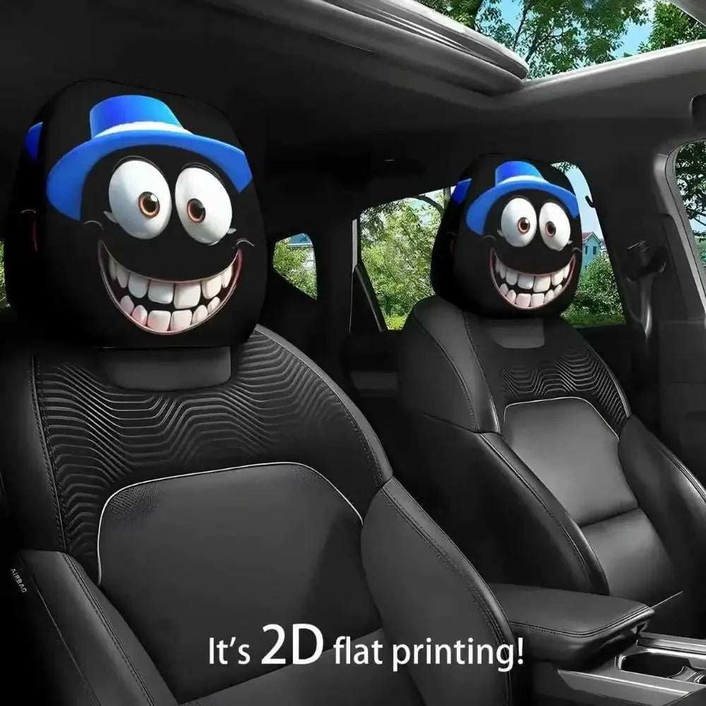 2Pcs Universal Car Seat Cover set with black fabric headrest covers featuring cartoon faces, blue caps, and wide smiles