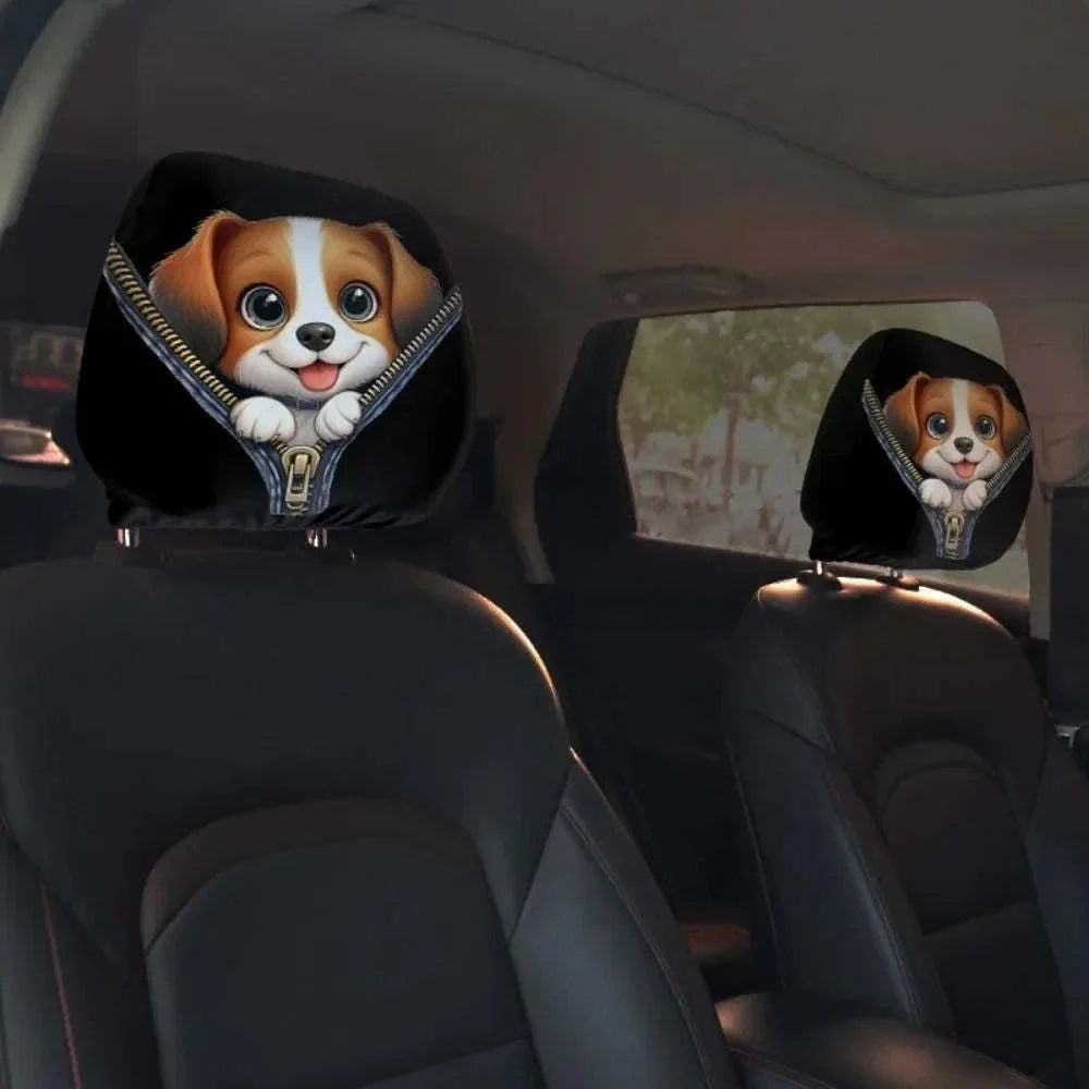 2Pcs Universal Car Seat Cover with black fabric and cartoon puppy emerging from a zipper design on each headrest