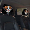 2Pcs Universal Car Seat Cover with black fabric and cartoon puppy emerging from a zipper design on each headrest