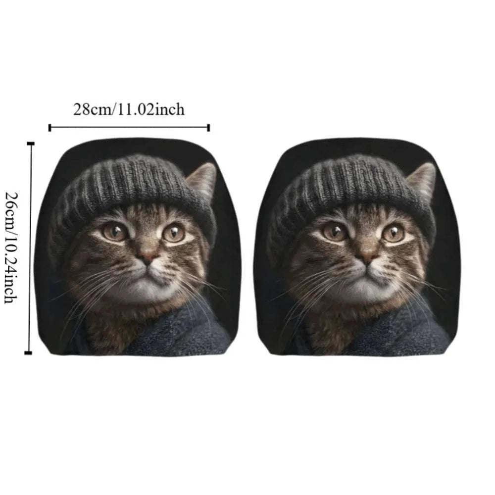 2Pcs Universal Car Seat Cover with black polyester fabric, each featuring a realistic cat portrait wearing a knit beanie