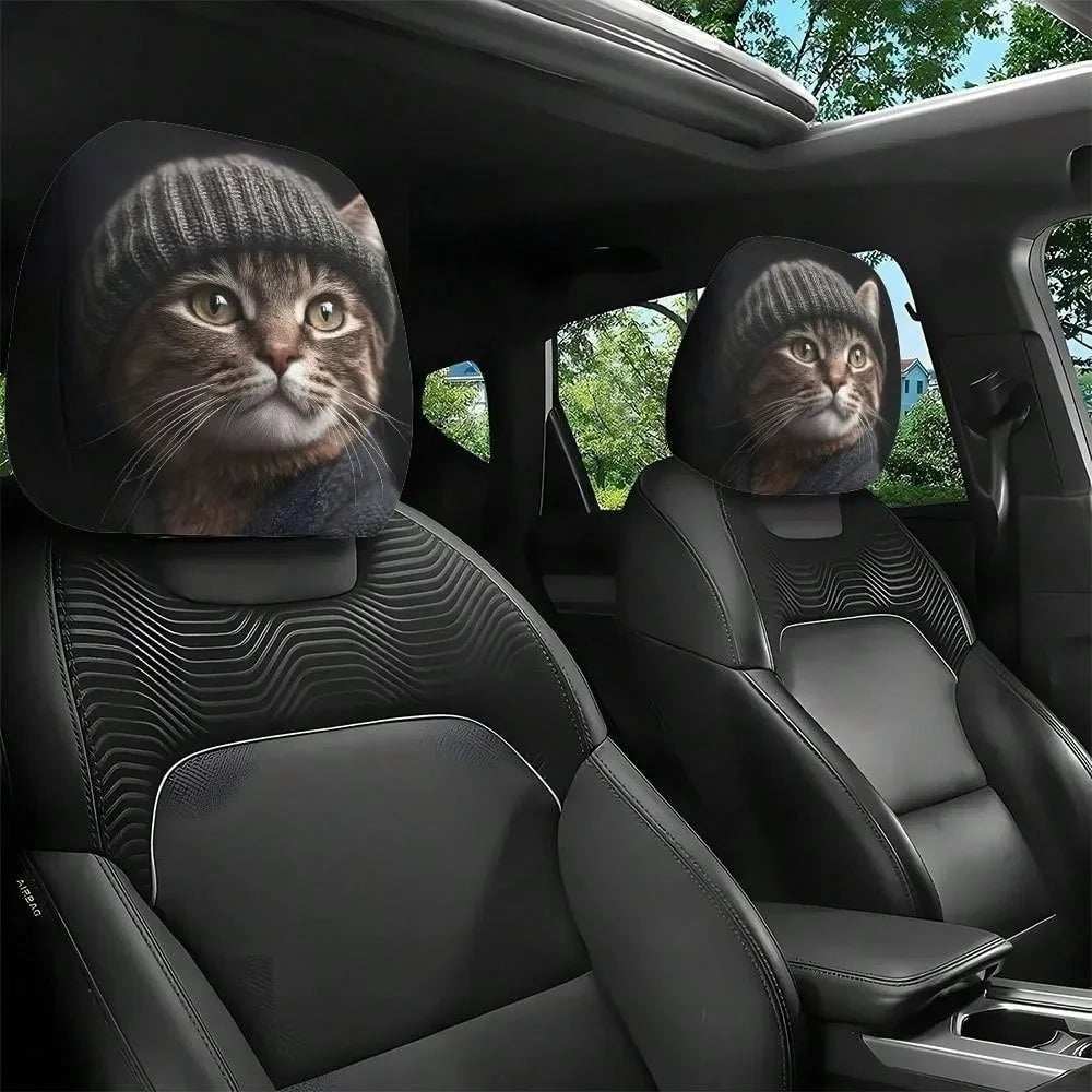 2Pcs Universal Car Seat Cover, black headrest covers with realistic gray cat faces and elastic fabric edges