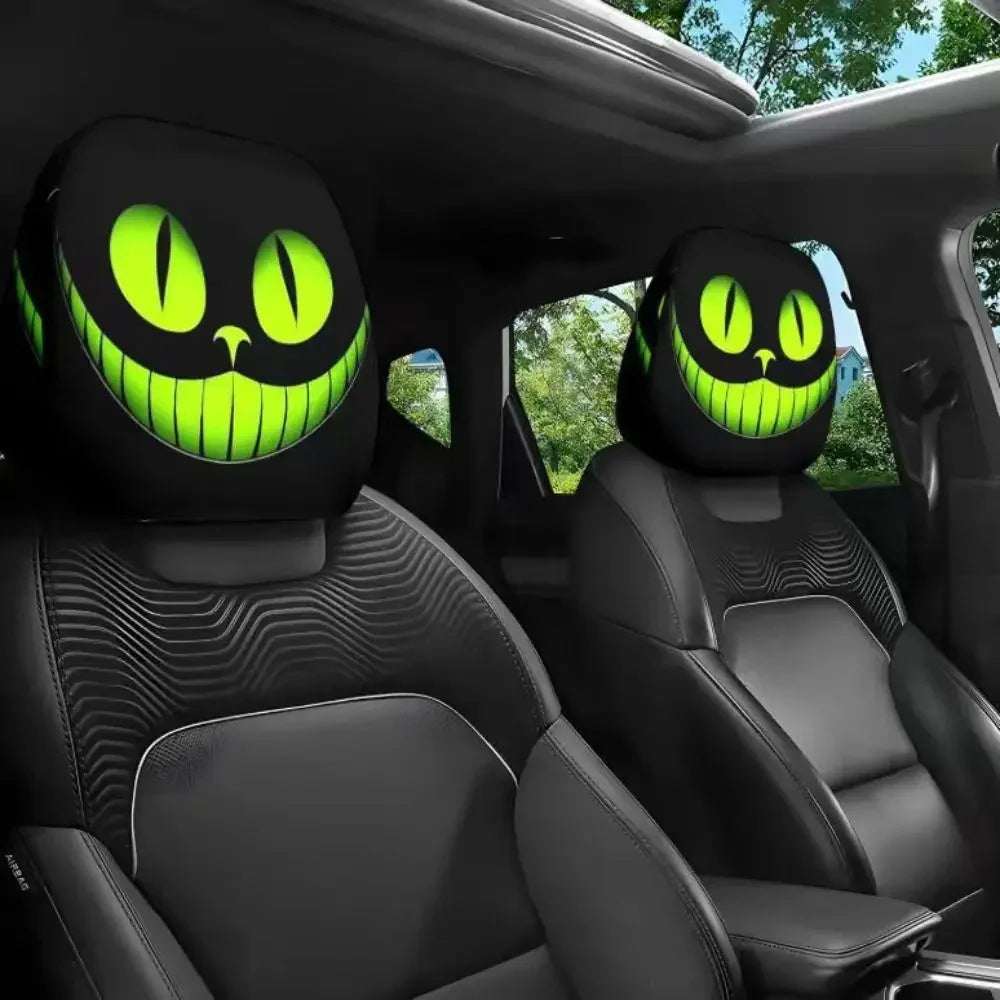 2Pcs Universal Car Seat Cover featuring black polyester headrest sleeves with vivid neon green cartoon grins and eyes