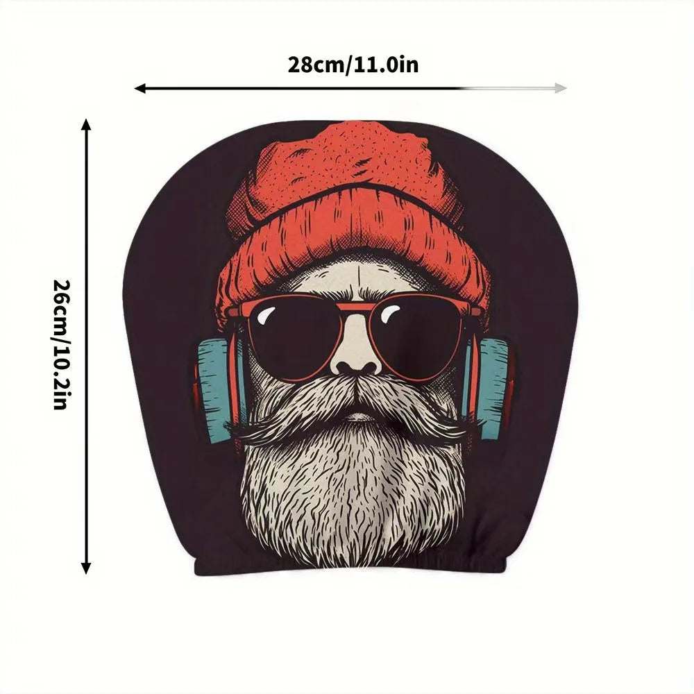 2PCS Universal Fit car headrest cover in black polyester, printed with a bearded cartoon face wearing a red hat and sunglasses